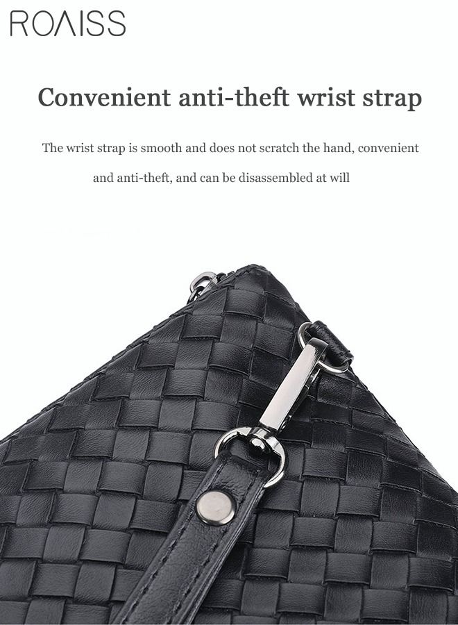 roaiss Casual Clutch Bag Classic Portable Envelope Bag Large Capacity Lightweight Wallet Business Soft Weave Card Holder with Wrist Strap for Men Gift Black  - Image 5