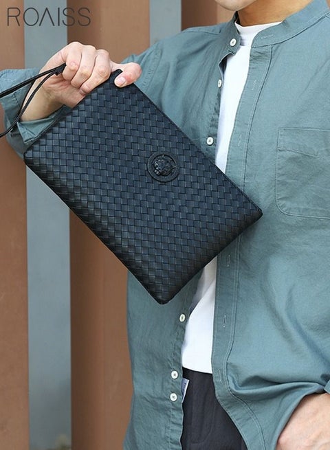 Men Casual Clutch Bag Classic Portable Envelope Zipper Bag Large Capacity Lightweight Wallet Business Soft Weave Card Holder with Wrist Strap Waterproof for Men Gift Black