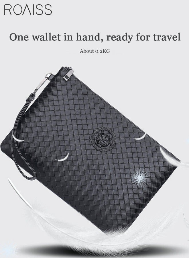 roaiss Casual Clutch Bag Classic Portable Envelope Bag Large Capacity Lightweight Wallet Business Soft Weave Card Holder with Wrist Strap for Men Gift Black  - Image 2