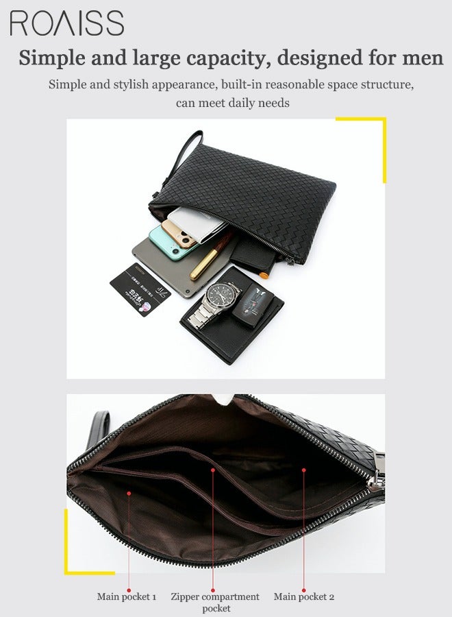 roaiss Casual Clutch Bag Classic Portable Envelope Bag Large Capacity Lightweight Wallet Business Soft Weave Card Holder with Wrist Strap for Men Gift Black  - Image 3
