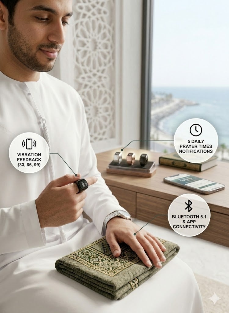 ZIKR RING Smart Tasbeeh Counter Ring with OLED Display, Prayer Reminder, Type-C Fast Charging, Mobile App & Cloud Sync – Black - Image 3