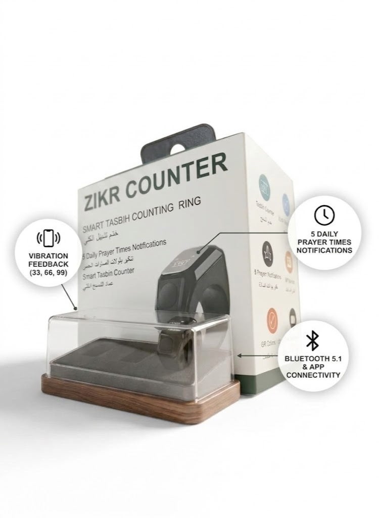 ZIKR RING Smart Tasbeeh Counter Ring with OLED Display, Prayer Reminder, Type-C Fast Charging, Mobile App & Cloud Sync – Black - Image 1