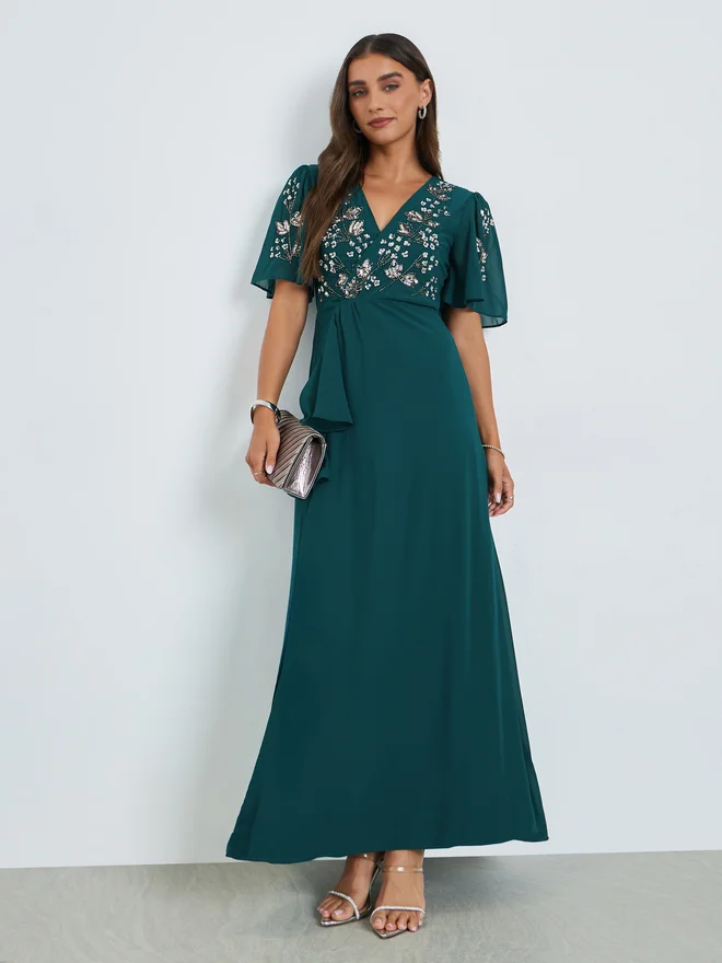 Styli Teal Sequined Yoke A-Line Maxi Dress
