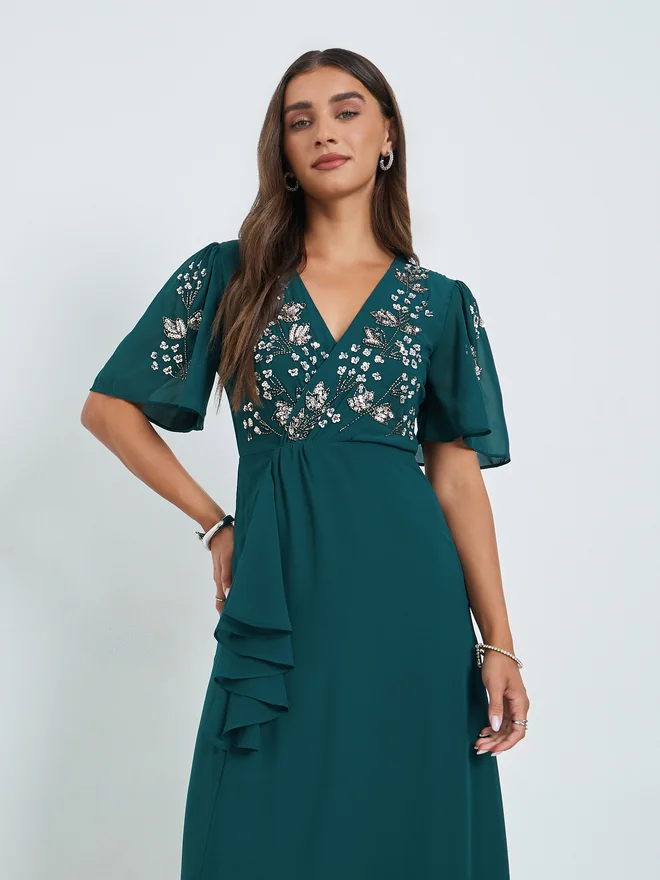 ستايلي Styli Teal Sequined Yoke A-Line Maxi Dress