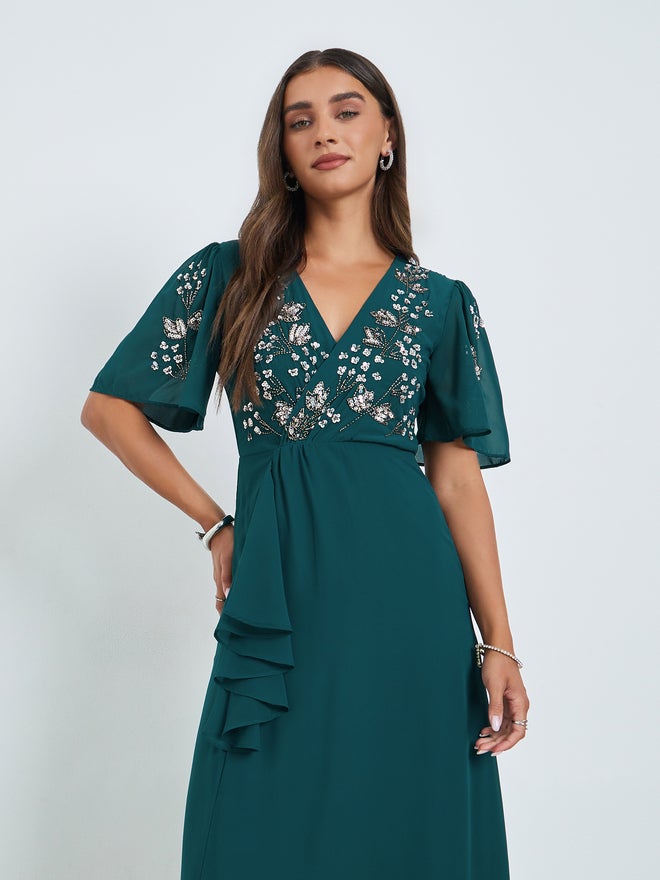 Styli Teal Sequined Yoke A-Line Maxi Dress - Image 2