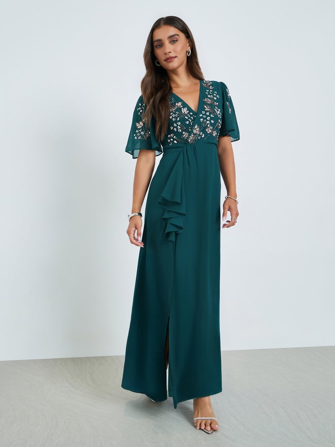 Styli Teal Sequined Yoke A-Line Maxi Dress - Image 3