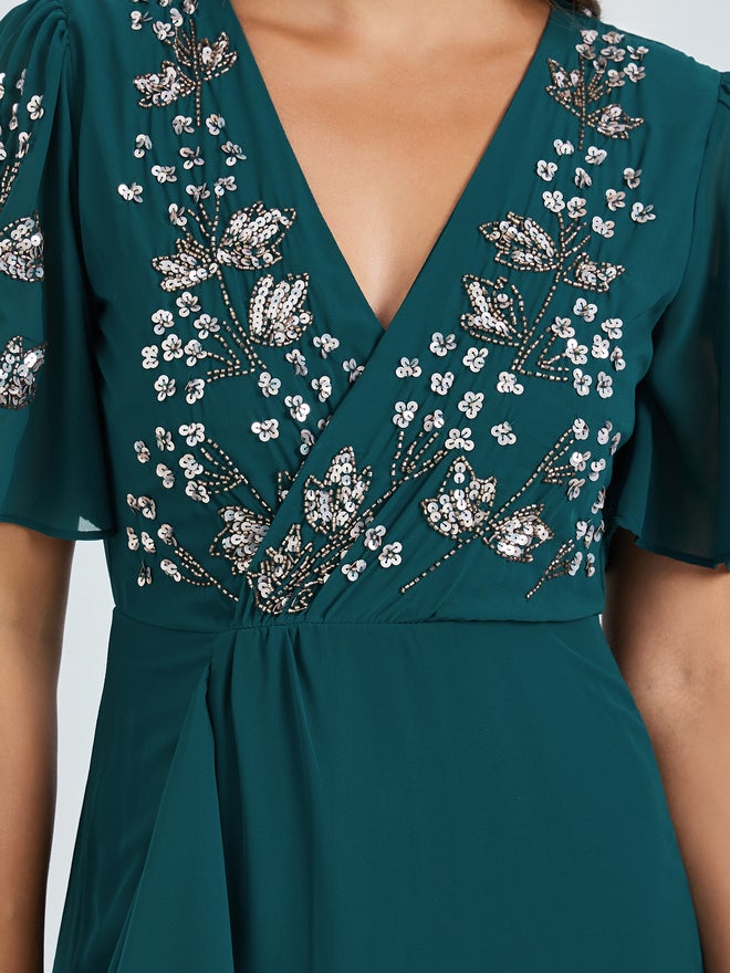 Styli Teal Sequined Yoke A-Line Maxi Dress - Image 4