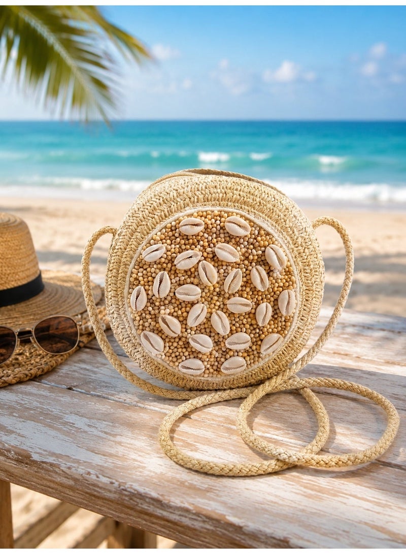 Women's round wicker crossbody bag decorated with colorful beads and seashells – a stylish summer bag for the beach and travel – color may vary - Image 3