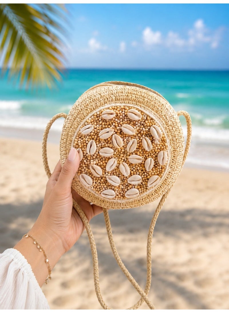 Women's round wicker crossbody bag decorated with colorful beads and seashells – a stylish summer bag for the beach and travel – color may vary - Image 2