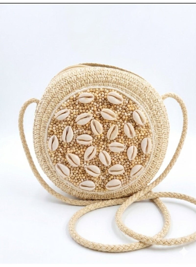 Women's round wicker crossbody bag decorated with colorful beads and seashells – a stylish summer bag for the beach and travel – color may vary - Image 1