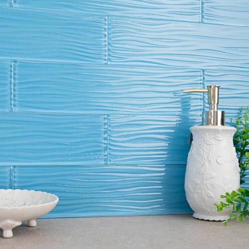 Adedeo Light Blue Glass Subway Tile 3 x 12 Inch Water Ripple for Kitchen Backsplash Bathroom Wall 16Pack 4 sqft - Image 1
