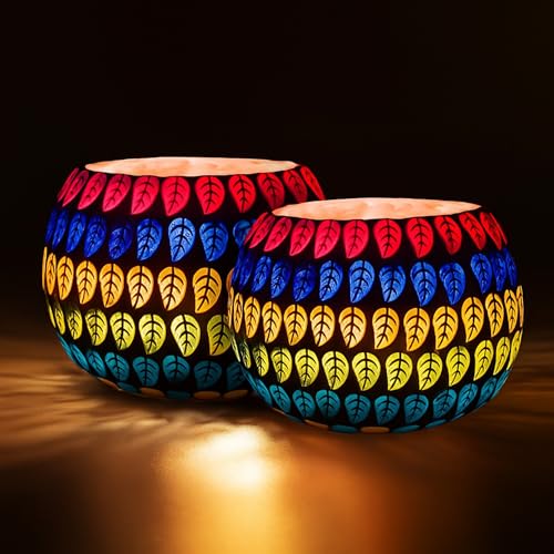 Floryn Decor Morrocan Mosaic Candle Holders | Home Light Decorations Items | Mosaic Glass Tealight Holder | Best lamp for Diwali Decoration | Pack of 2 (with 2 Tealight Candle Free) - Image 1