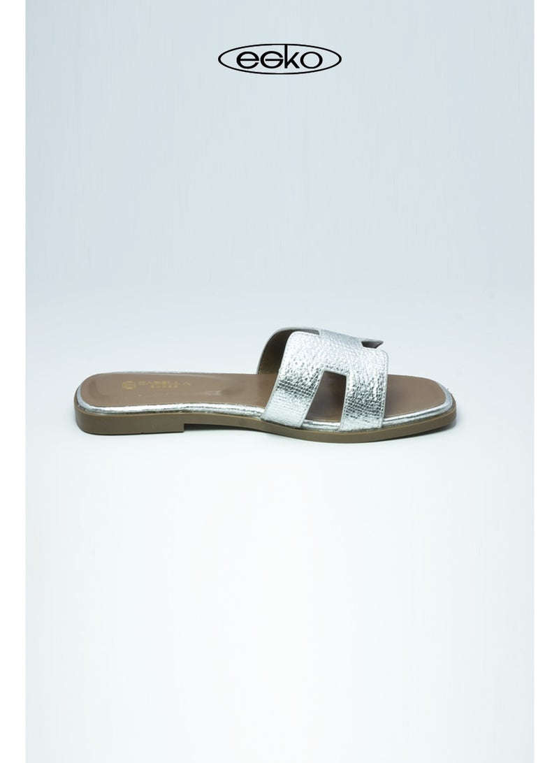 EGKO Women’s Silver Flat Slip-On Sandal – H-Strap Design, Casual Comfort Footwear - Image 2