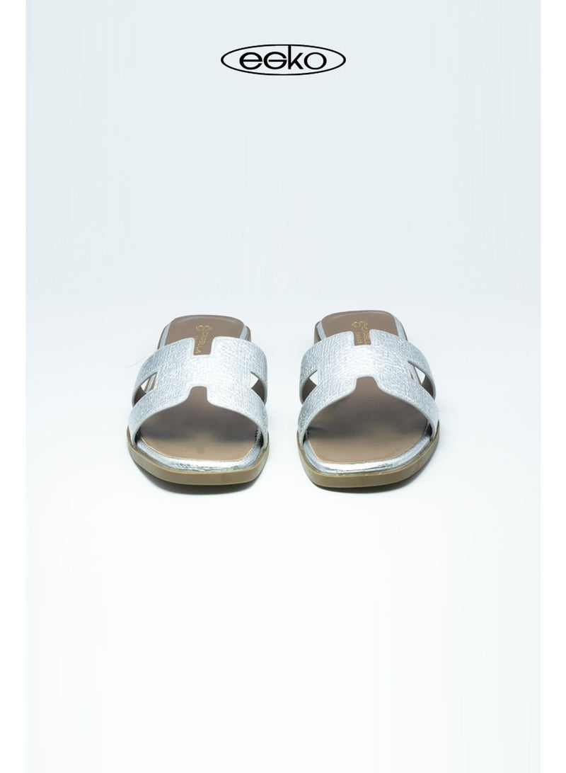 EGKO Women’s Silver Flat Slip-On Sandal – H-Strap Design, Casual Comfort Footwear - Image 3