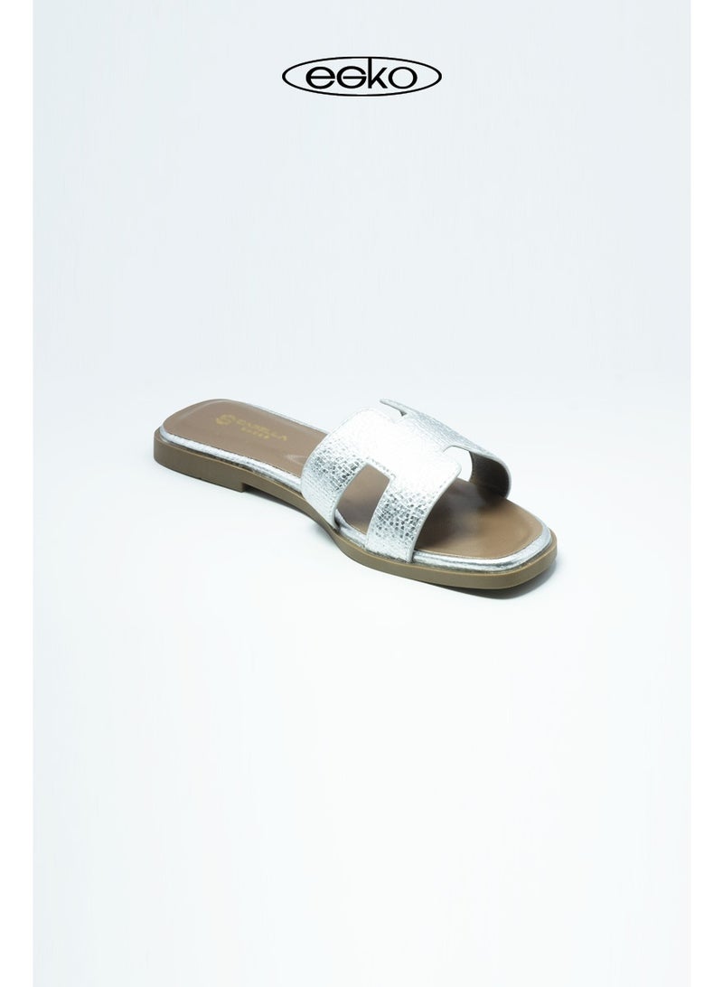 EGKO Women’s Silver Flat Slip-On Sandal – H-Strap Design, Casual Comfort Footwear - Image 1