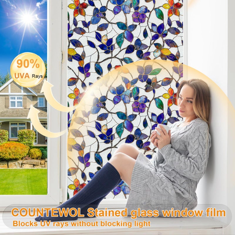 COUNTEWOL Window Privacy Film with Installation Tools Home Decorative Colored Glass Window Stickers Reusable electrostatic Rainbow Stickers (Frosted Stained Leaf, 17.5 x 78.7 in) - Image 3