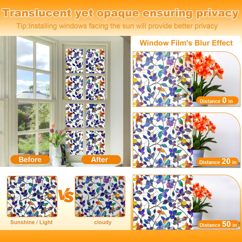 COUNTEWOL Window Privacy Film with Installation Tools Home Decorative Colored Glass Window Stickers Reusable electrostatic Rainbow Stickers (Frosted Stained Leaf, 17.5 x 78.7 in) - Image 4