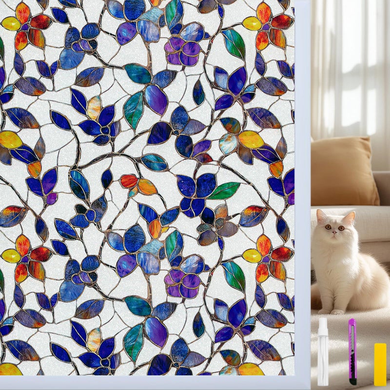COUNTEWOL Window Privacy Film with Installation Tools Home Decorative Colored Glass Window Stickers Reusable electrostatic Rainbow Stickers (Frosted Stained Leaf, 17.5 x 78.7 in) - Image 1