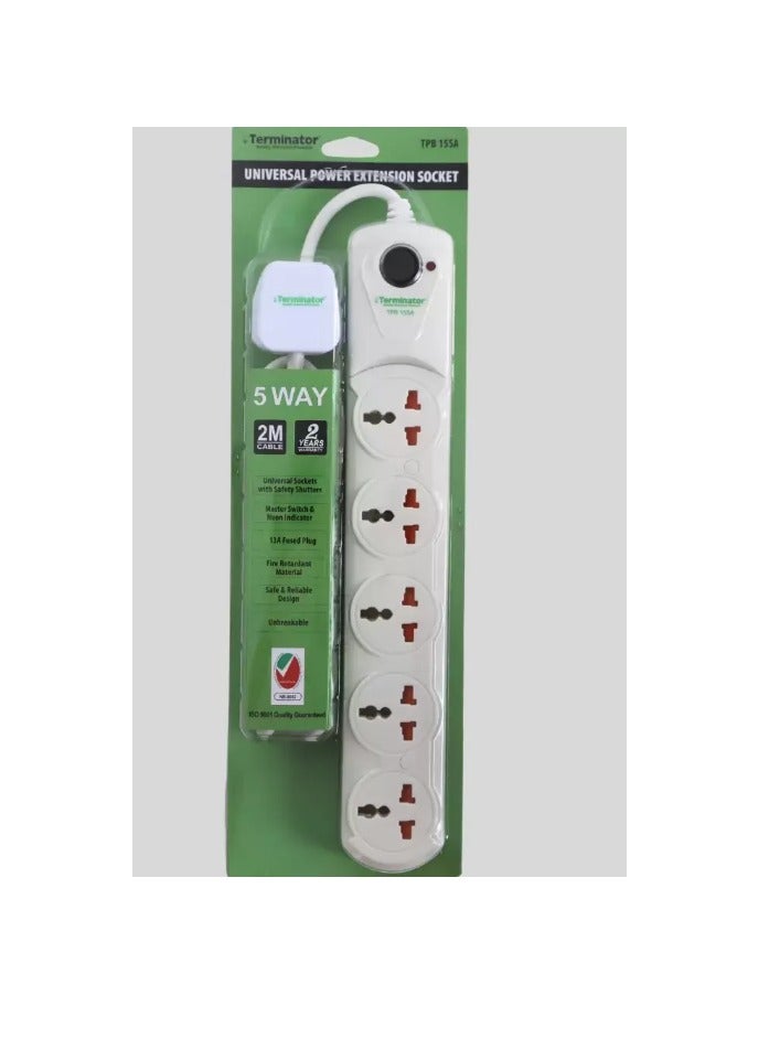 Terminator Universal Power Extension Socket, 5-Outlets with Safety Shutters, 2-Meter Cable - White  - Image 2