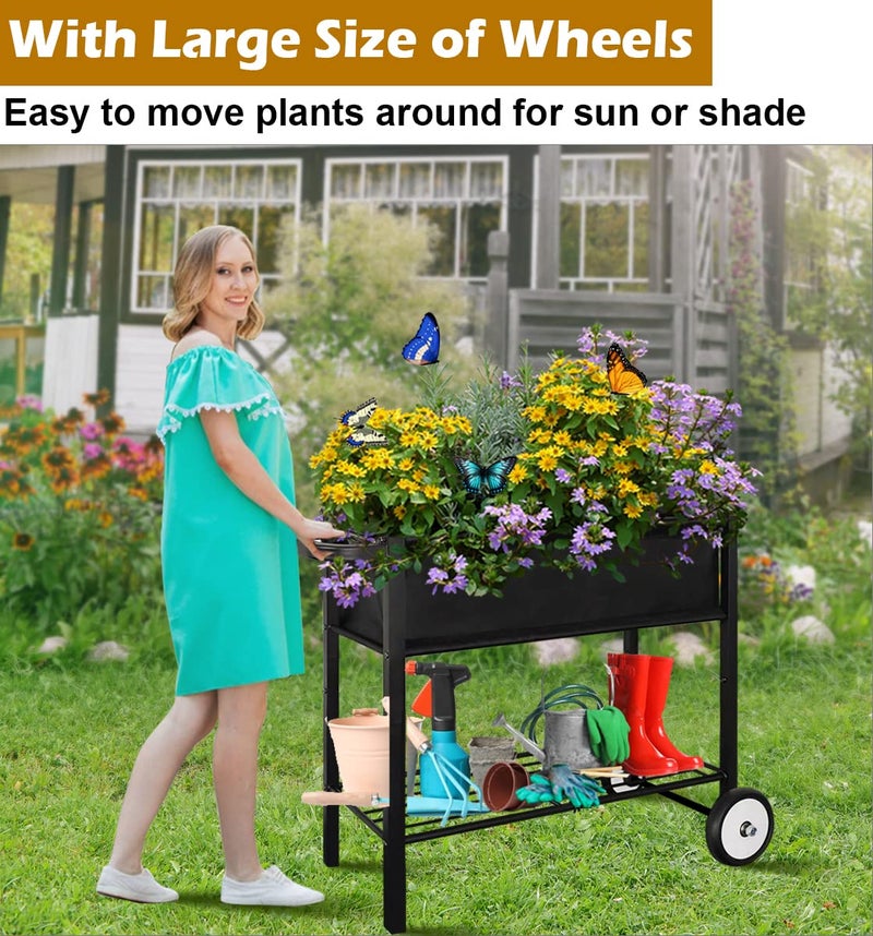 Koutemie Outdoor Raised Planter Bed Box with Legs for Gardening, Elevated DIY Garden Cart on Wheels for Vegetables Flower Tomato Herb Plant, Black - Image 2