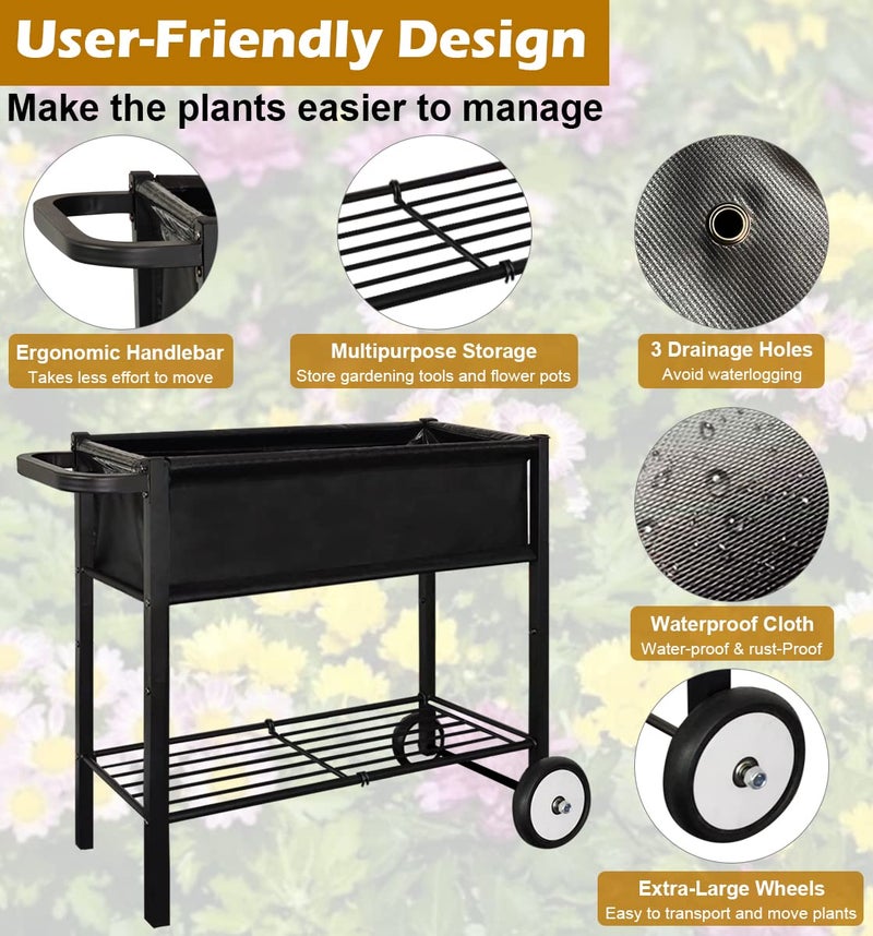 Koutemie Outdoor Raised Planter Bed Box with Legs for Gardening, Elevated DIY Garden Cart on Wheels for Vegetables Flower Tomato Herb Plant, Black - Image 5