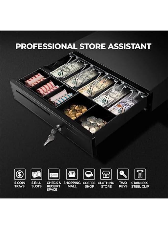 TRASSLE POS Cash Register Drawers Cashier Cashbox with 5 Bill 5 Coin Money Register RJ11 Interface with Money Tray and Lock Movable Coin Tray Smart POS System - Image 2