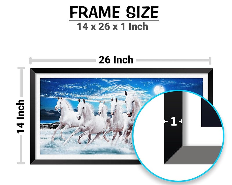 Canvas Pe 7 running horses vastu painting on canvas blessing lucky white horse photo frame modern art for livingroom office decor 14x26 inch gift item synthetic wood - Image 2