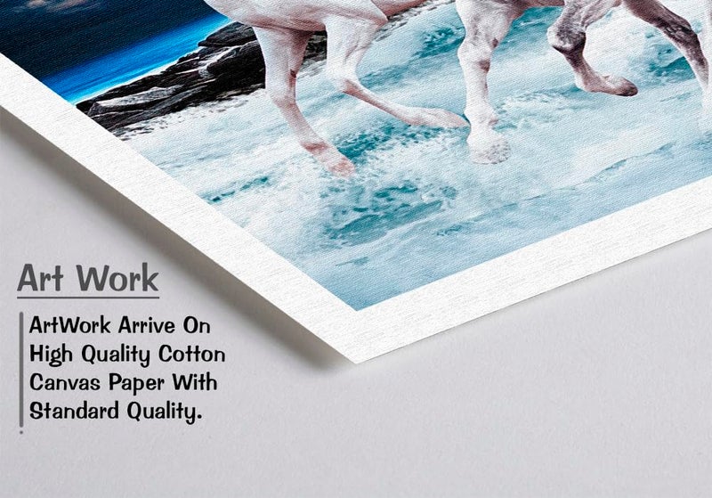 Canvas Pe 7 running horses vastu painting on canvas blessing lucky white horse photo frame modern art for livingroom office decor 14x26 inch gift item synthetic wood - Image 4