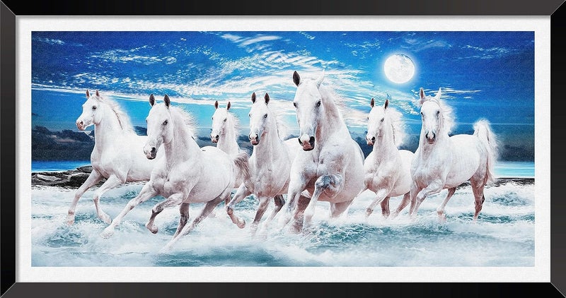 Canvas Pe 7 running horses vastu painting on canvas blessing lucky white horse photo frame modern art for livingroom office decor 14x26 inch gift item synthetic wood - Image 1