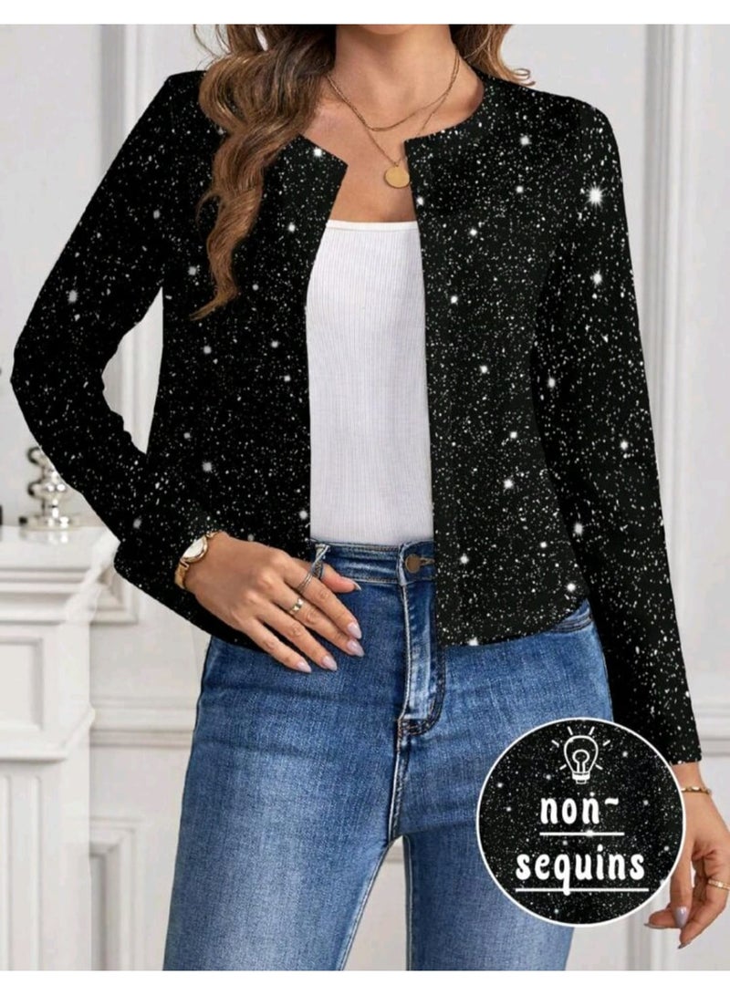 شي إن جاكيت نسائي قصير أسود ملائم من SHEIN بطبعة رقائق معدنية، بأكمام طويلة ورقبة مستديرة، ملابس خريفية شتوية - Image 1