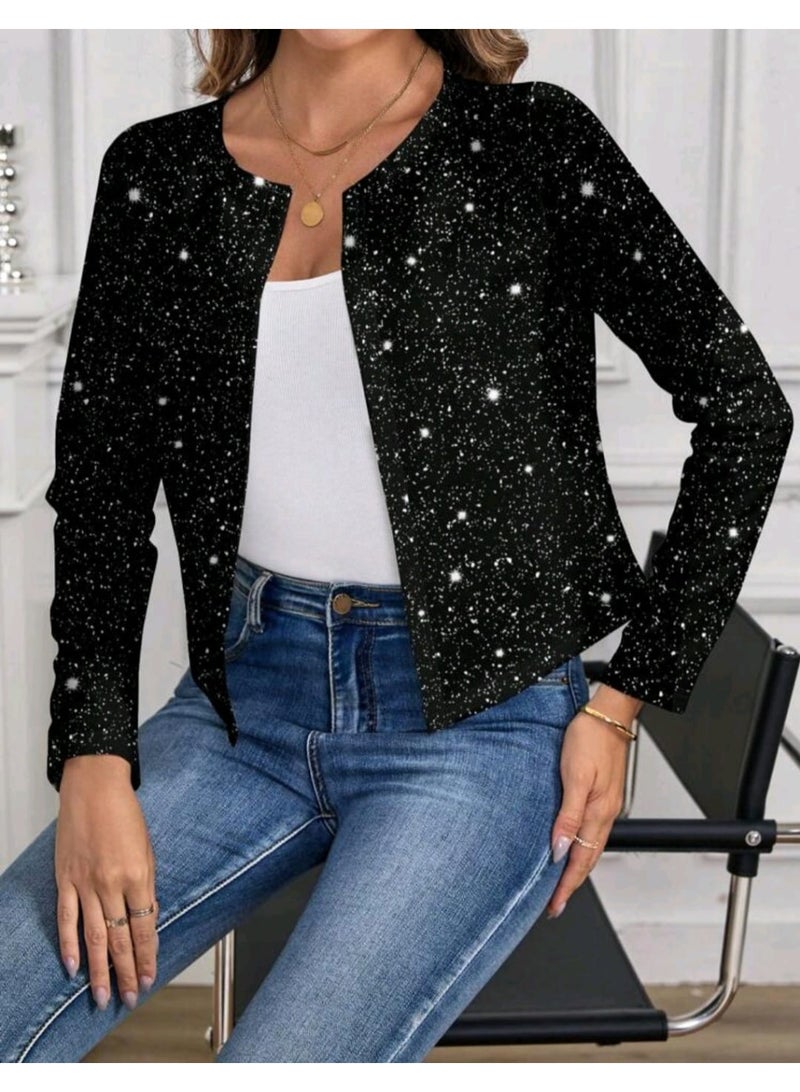 شي إن جاكيت نسائي قصير أسود ملائم من SHEIN بطبعة رقائق معدنية، بأكمام طويلة ورقبة مستديرة، ملابس خريفية شتوية - Image 3