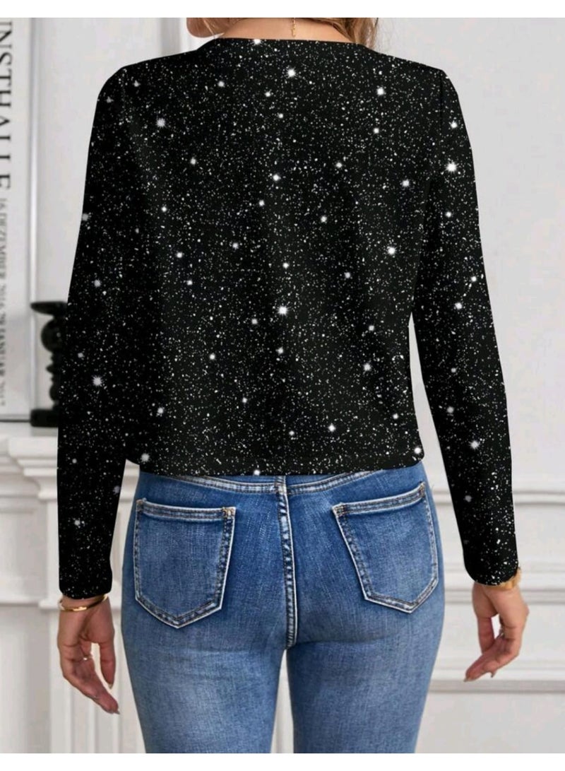 شي إن جاكيت نسائي قصير أسود ملائم من SHEIN بطبعة رقائق معدنية، بأكمام طويلة ورقبة مستديرة، ملابس خريفية شتوية - Image 4