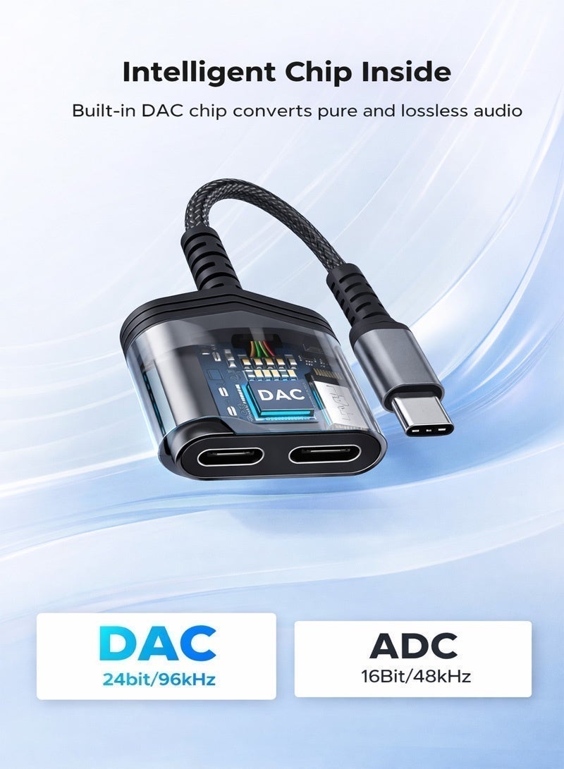 محول صوت وشحن USB-C ثنائي الوظائف (2 في 1) | مقسم سماعات رأس من Type-C إلى منفذي USB-C، ومحول شحن سريع بقوة 60 واط (PD) متوافق مع iPhone 15/16/17، وهواتف Android، والأجهزة اللوحية، وGoogle Pixel، وLG. - Image 5