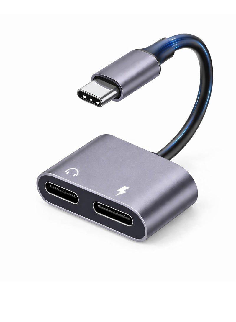 محول صوت وشحن USB-C ثنائي الوظائف (2 في 1) | مقسم سماعات رأس من Type-C إلى منفذي USB-C، ومحول شحن سريع بقوة 60 واط (PD) متوافق مع iPhone 15/16/17، وهواتف Android، والأجهزة اللوحية، وGoogle Pixel، وLG. - Image 1
