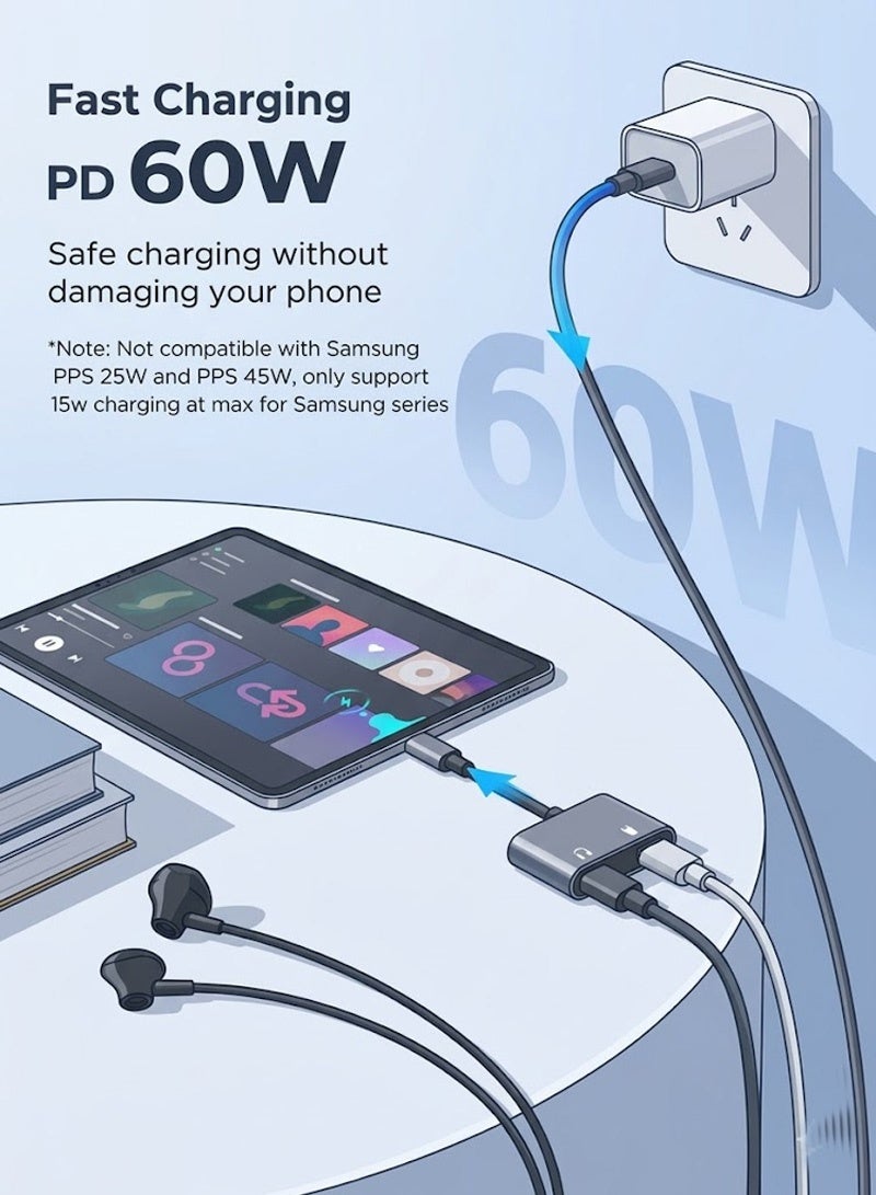 محول صوت وشحن USB-C ثنائي الوظائف (2 في 1) | مقسم سماعات رأس من Type-C إلى منفذي USB-C، ومحول شحن سريع بقوة 60 واط (PD) متوافق مع iPhone 15/16/17، وهواتف Android، والأجهزة اللوحية، وGoogle Pixel، وLG. - Image 4