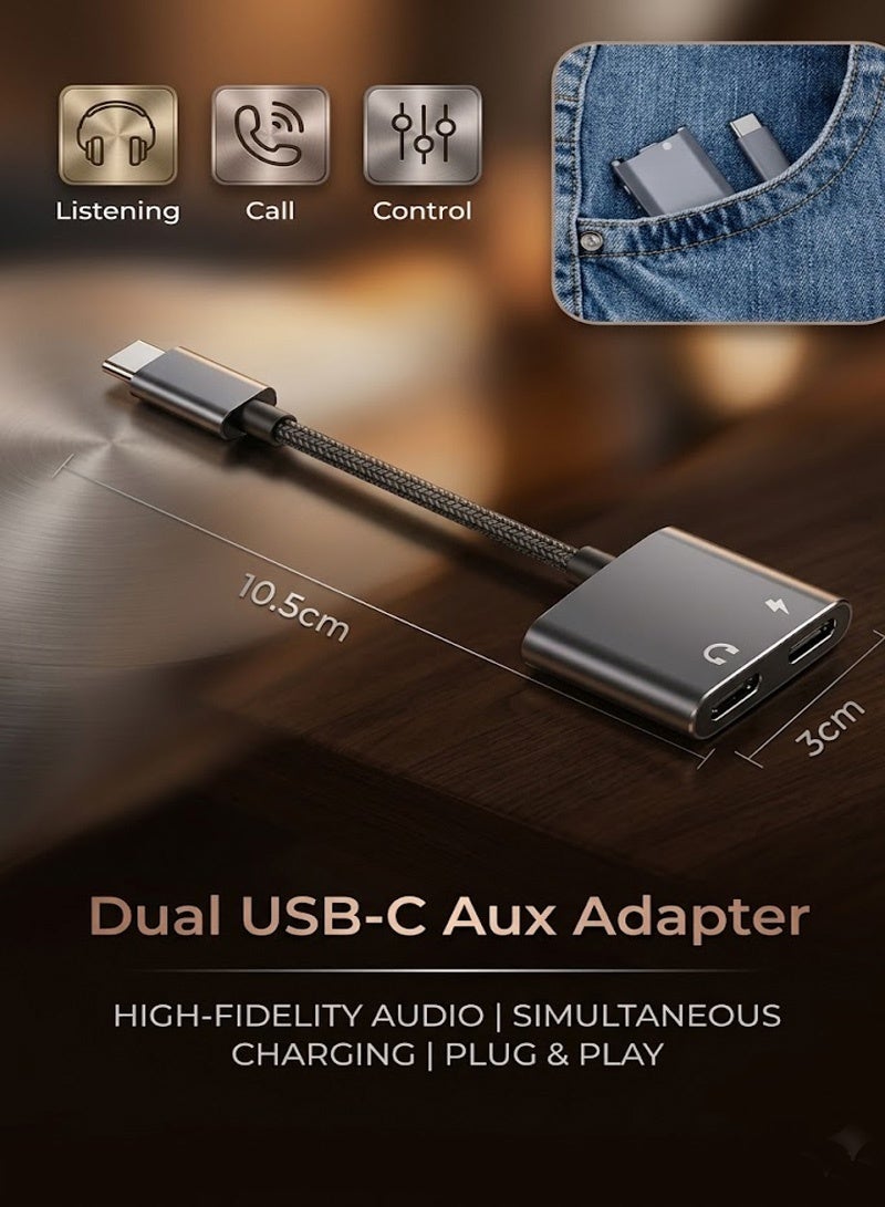 محول صوت وشحن USB-C ثنائي الوظائف (2 في 1) | مقسم سماعات رأس من Type-C إلى منفذي USB-C، ومحول شحن سريع بقوة 60 واط (PD) متوافق مع iPhone 15/16/17، وهواتف Android، والأجهزة اللوحية، وGoogle Pixel، وLG. - Image 3