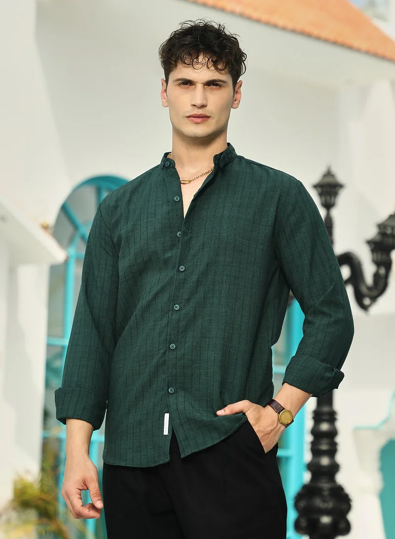 Campus Sutra Campus Sutra Men's Emerald Green Pinstriped-Tactile Shirt For Casual Wear | Mandarin Collar | Long Cuffed Sleeves | Button Closure | Shirt Crafted With Comfort Fit For Everyday Wear