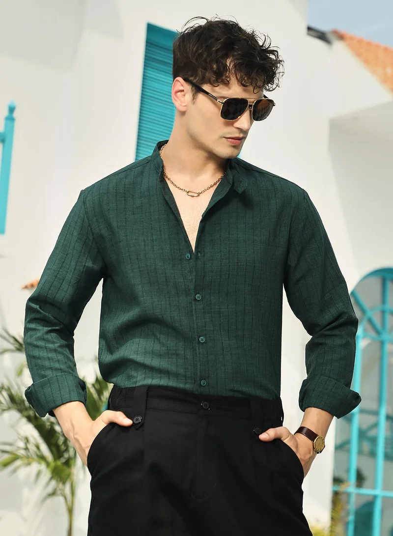 Campus Sutra Campus Sutra Men's Emerald Green Pinstriped-Tactile Shirt For Casual Wear | Mandarin Collar | Long Cuffed Sleeves | Button Closure | Shirt Crafted With Comfort Fit For Everyday Wear