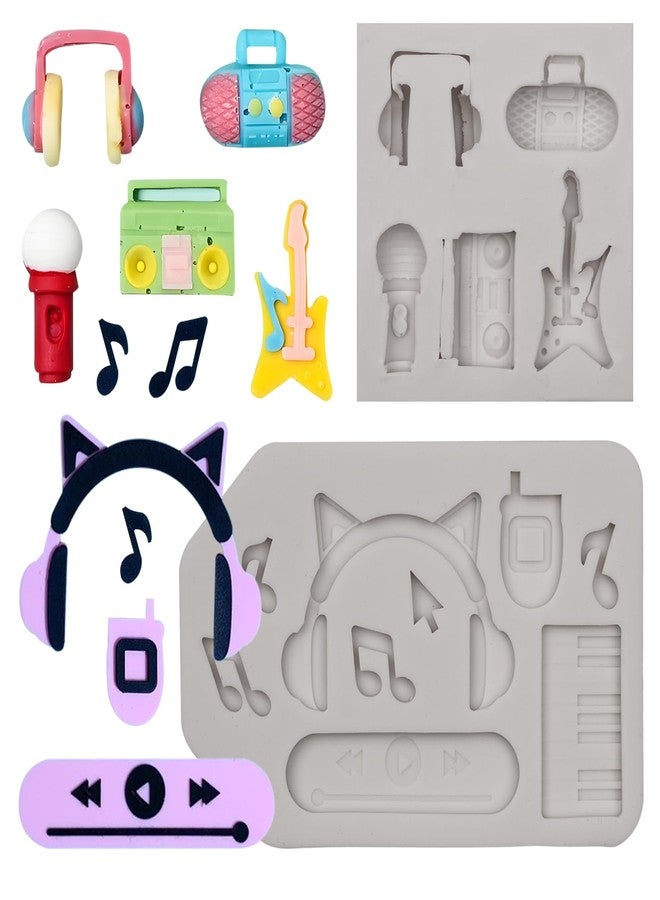 Caregene Music Silicone Molds, Headphones Guitar Microphone Radio Mold, 2-Piece Music Note Fondant Cake Decorating Molds - Image 1