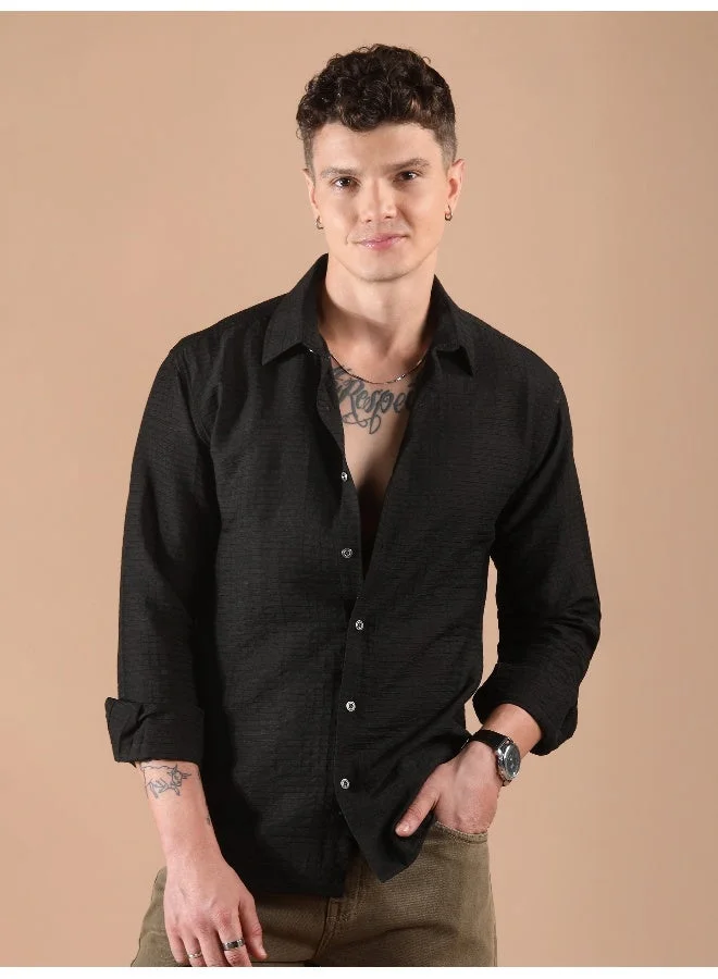 Beyoung Black Textured Check Shirt