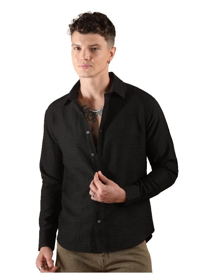 Beyoung Black Textured Check Shirt