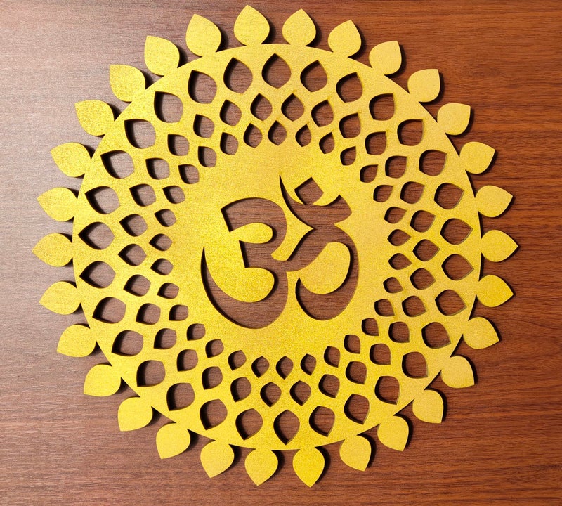 My Dream Carts Golden Om Round Decorative Wall Art Mdf Wooden Om Chakra For Temple, Living Room, Bedroom, Office, Hotel, Home Decor Items, Gift Item, Mandala Wall Hanging For House Decoration 30x30cm - Image 1