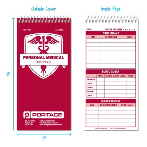 Portage Medical Journal – Medical Log Book to Track Drug Intake, Blood Sugar & Blood Pressure, Health Journey, Medical Diary with Template, Top Bound Spiral – 4x8 In, 70 Sheets, 3 Pack - Image 2