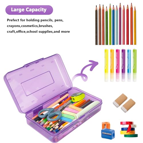 DANRONG Large Capacity Colored Pencil Case, Pencil Box, Plastic Pencil Boxes for Kids Adults Girls Boys, Hard Crayon Box Storage with Snap-tight Lid for School office Supplies (Clear Purple) - Image 3