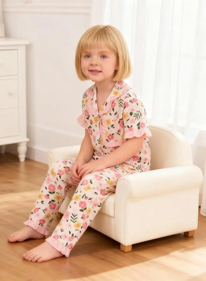 Take Two  Girls Floral Print Short Sleeve Shirt And Pyjama Set for Women | Best Price UAE