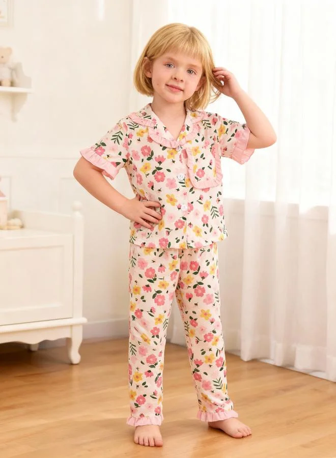 Take Two  Girls Floral Print Short Sleeve Shirt And Pyjama Set for Women | Best Price UAE