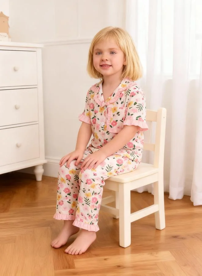 Take Two  Girls Floral Print Short Sleeve Shirt And Pyjama Set for Women | Best Price UAE