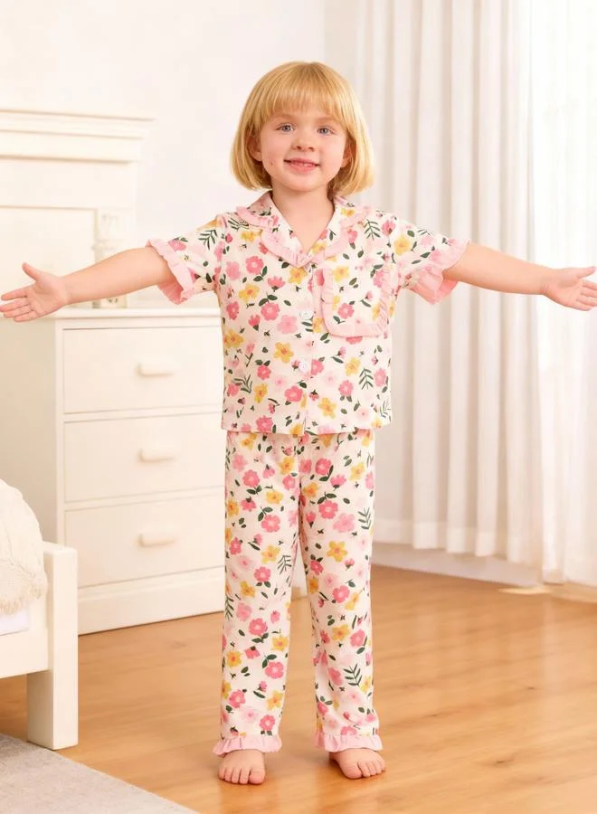 Take Two  Girls Floral Print Short Sleeve Shirt And Pyjama Set for Women | Best Price UAE