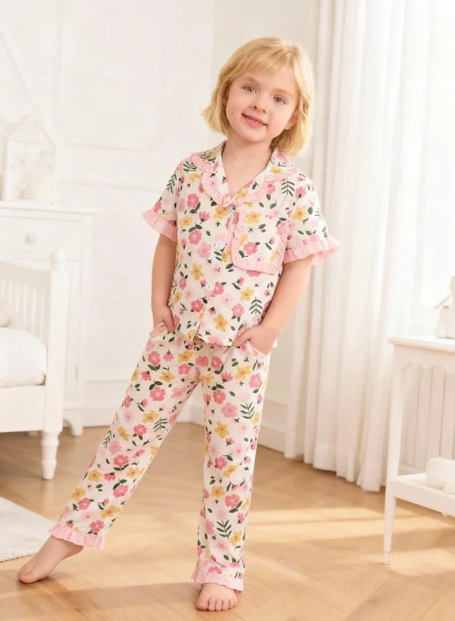Take Two  Girls Floral Print Short Sleeve Shirt And Pyjama Set for Women | Best Price UAE