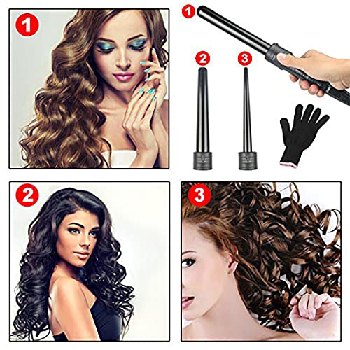 iMissiu Tourmaline 3 in 1 Curling Wand Set with 3 Interchangeable Curling Iron Ceramic Barrels with Heat Resistant Glove – Black - Image 5